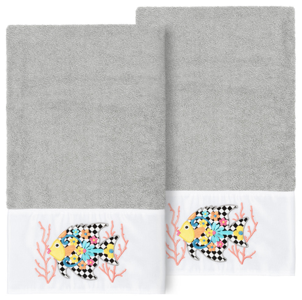 Linum Home Turkish Cotton Feliz 2-Piece Embellished Bath Towel Set, Light Gray