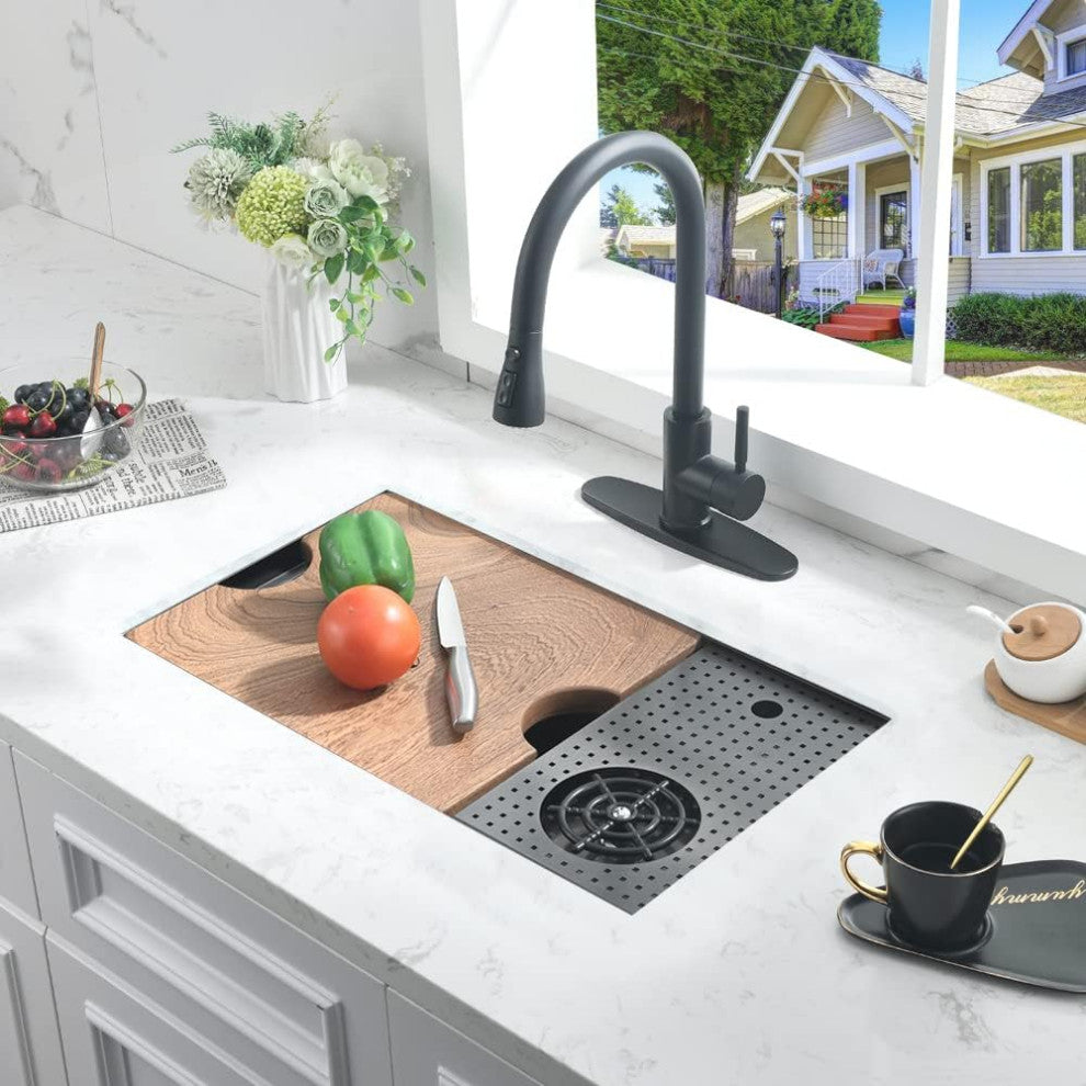 Bronstarz 24 Inch Nano Black Undermount Bar Sink with Glass Rinser