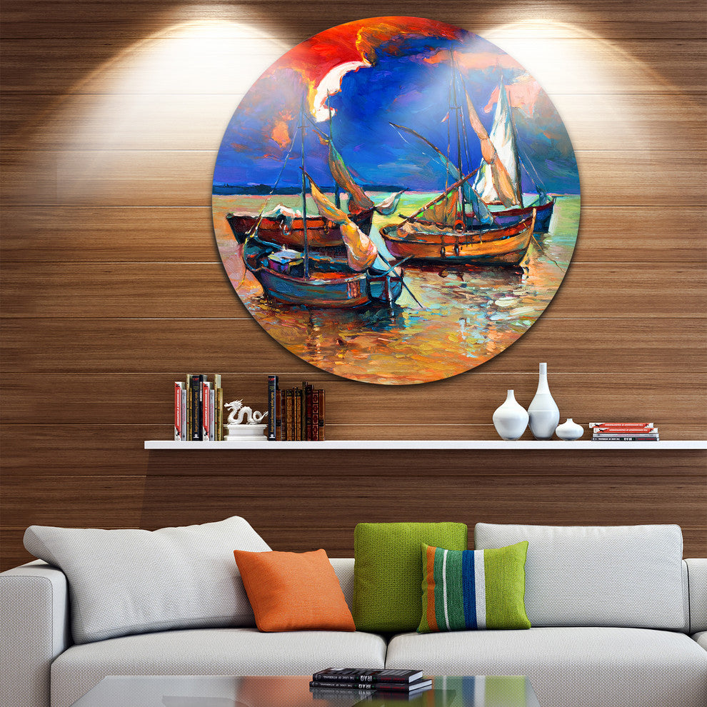 Fishing Boats Under Blue Sky, Seascape Painting Disc Metal Artwork, 11"