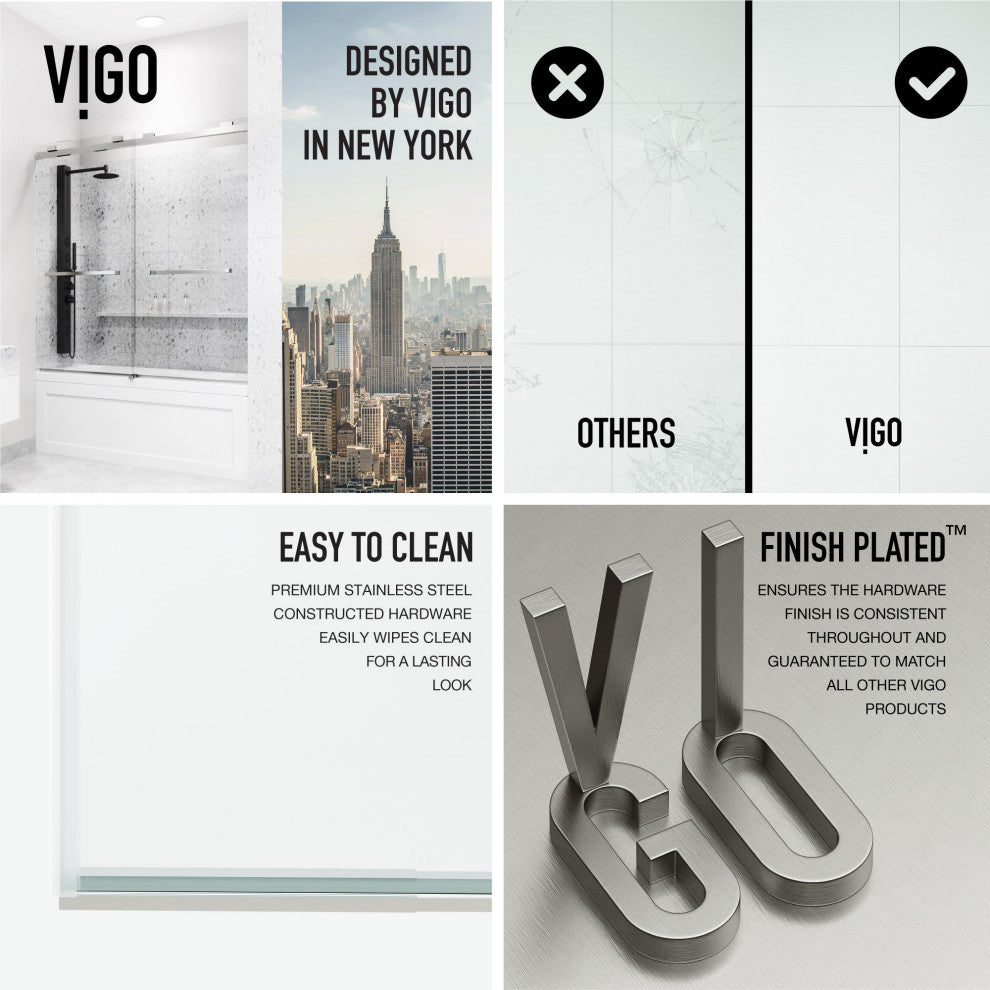 VIGO Houston Frameless Sliding, V-Motion, Stainless Steel, Tub Door, 56" to 60" W X 66" H, Clear Glass