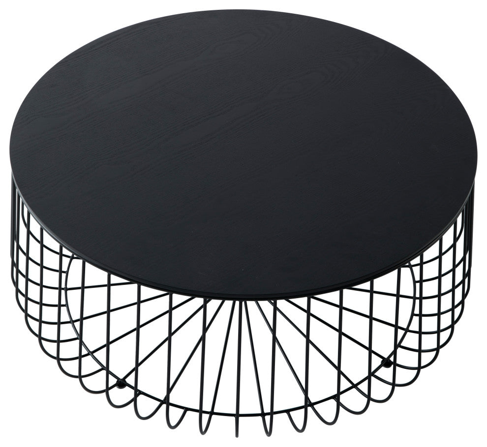 LeisureMod Runswick Round Coffee Table With Black Wire Steel Frame, Black