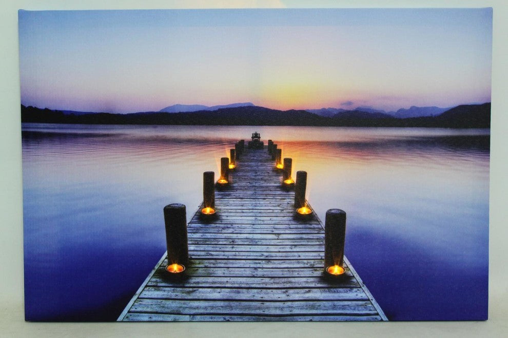 "LED Lighted Sunset Boat Dock Scene" Canvas Wall Art, 15.75"x23.5"