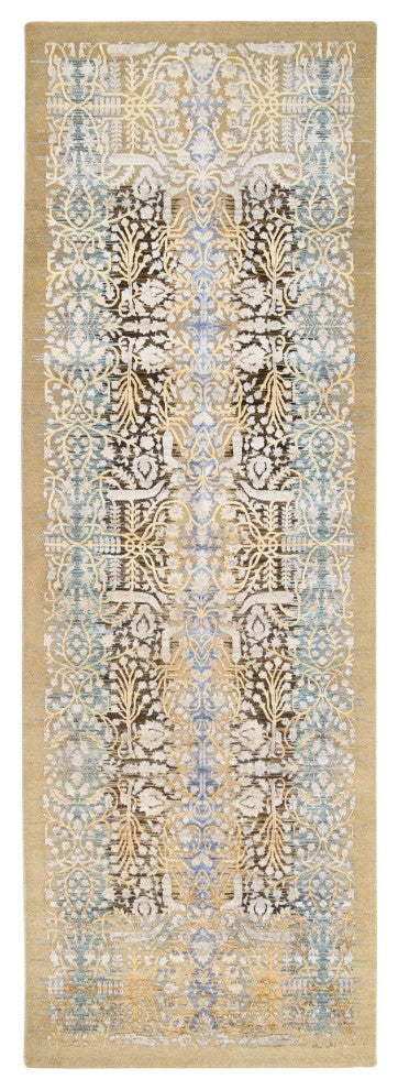Honey Brown, Silk With Textured Wool, Hand Knotted, Runner, Rug, 4'0" x 12'0"
