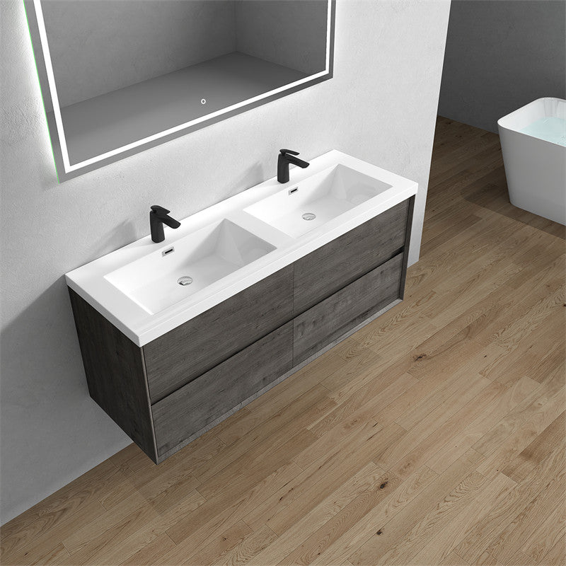 Ashley 60'' Floating Vanity, Acrylic Top, Double Sink, Smoke Oak