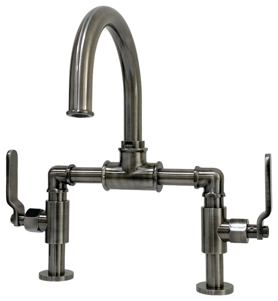 Industrial Style Bridge Bathroom Faucet With Pop-Up Drain, Black Stainless
