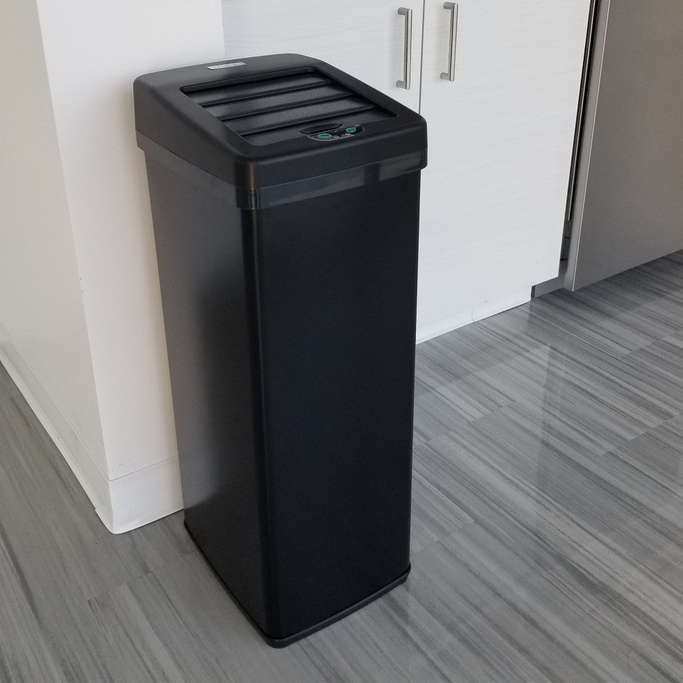 iTouchless 14 Gal Retracting Lid Sensor Trash Can + Odor Filter, Black Steel