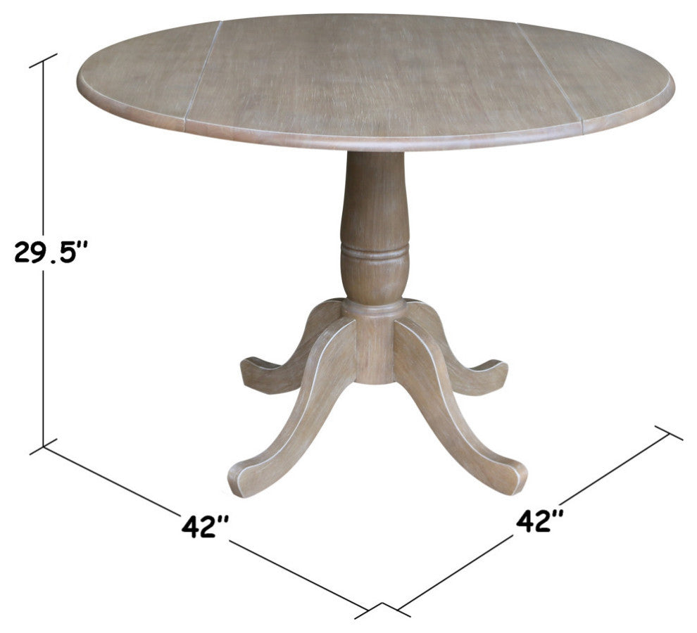 42" Round dual drop Leaf Pedestal Table - 29.5 "H, Washed Gray Taupe