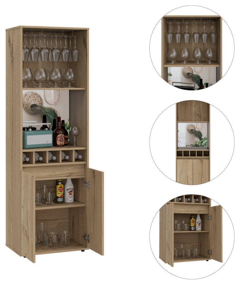 Redding Bar Cabinet with Open Shelves, Glass Rack, and 5 Wine Cubbies, Light Oak