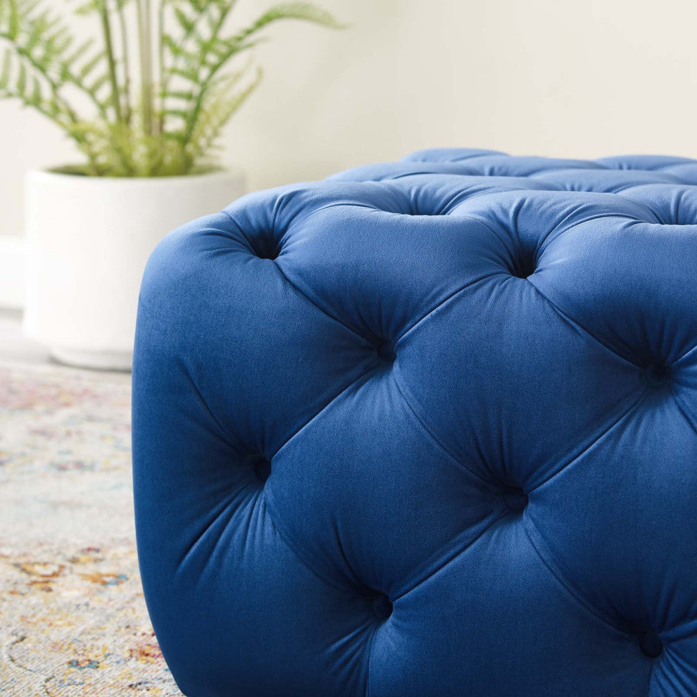 Tufted Accent Chair Ottoman, Square, Velvet, Blue Navy, Modern, Lounge