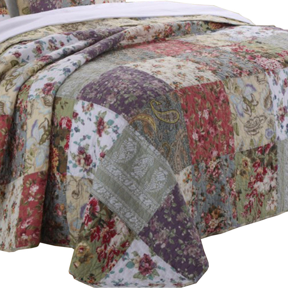 Chicago 3 Piece Fabric King Bedspread Set with Jacobean Prints, Multicolor