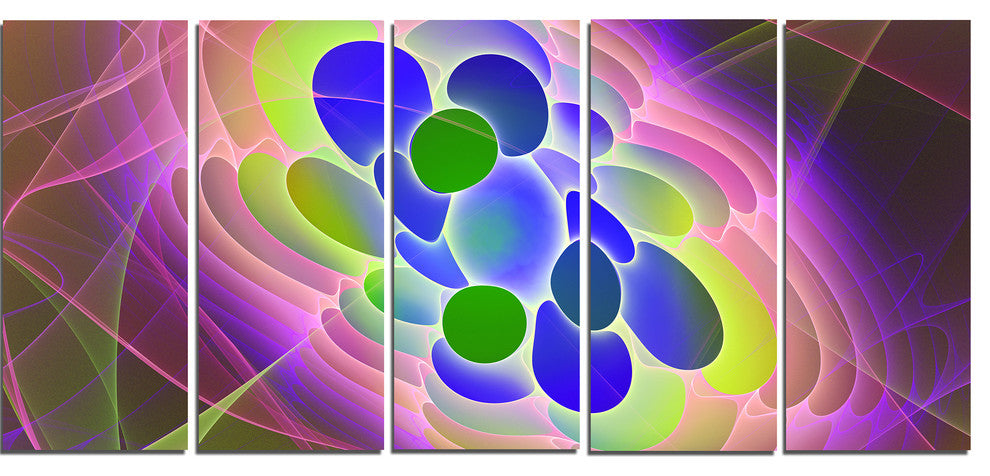 Blue Green Fractal Virus Design, Abstract Art on Canvas, 60"x28", 5 Panels