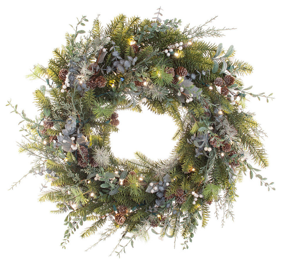 30" Lighted Christmas Wreath, Rustic White Berry