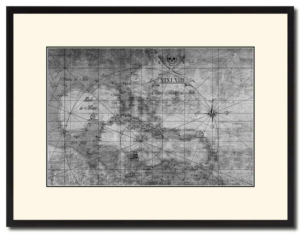 Caribbean Vintage Map Print On Canvas With Black Custom Frame, 16" X 21"