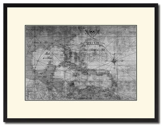 Caribbean Vintage Map Print On Canvas With Black Custom Frame, 16" X 21"
