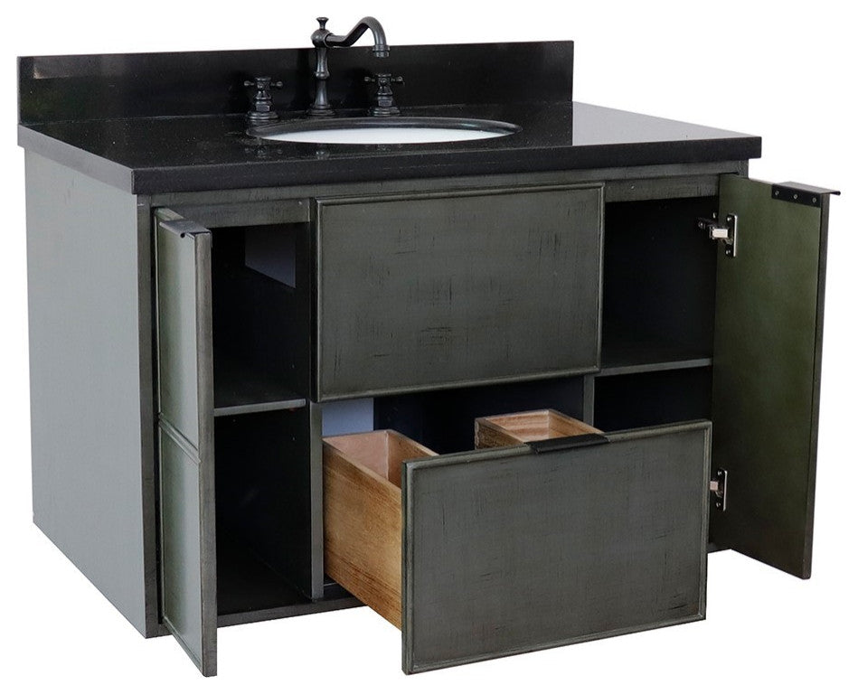 37" Single Wall Mount Vanity, Linen Gray Finish With Black Galaxy Top