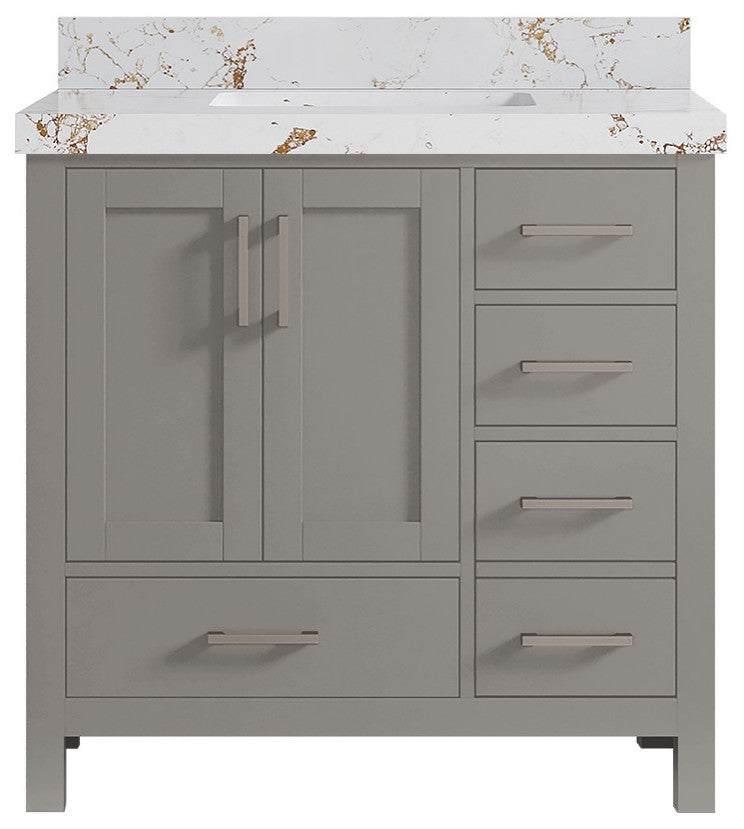 Malibu 36 Center Sink Bath Vanity in Elephant Skin Gray 2" Viola Gold