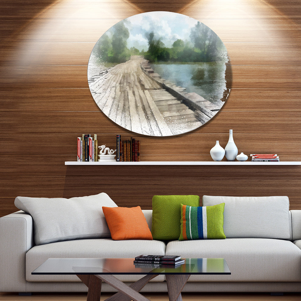 Bridge Over Waterfall In Forest, Landscape Disc Metal Wall Art, 11"