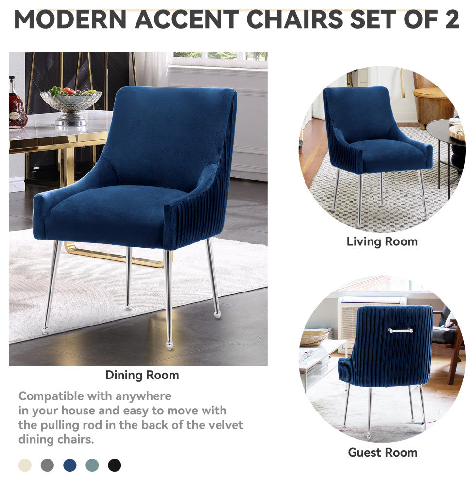 Pleated Velvet Dining Chair Set of 2, Tufted Accent Chair with Silver Legs, Navy