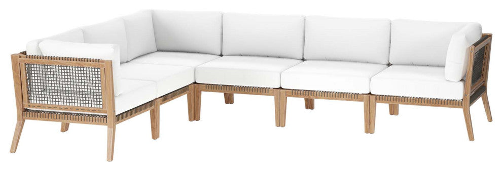 Clearwater Outdoor Patio Teak Wood 6-Piece Sectional Sofa, Gray White