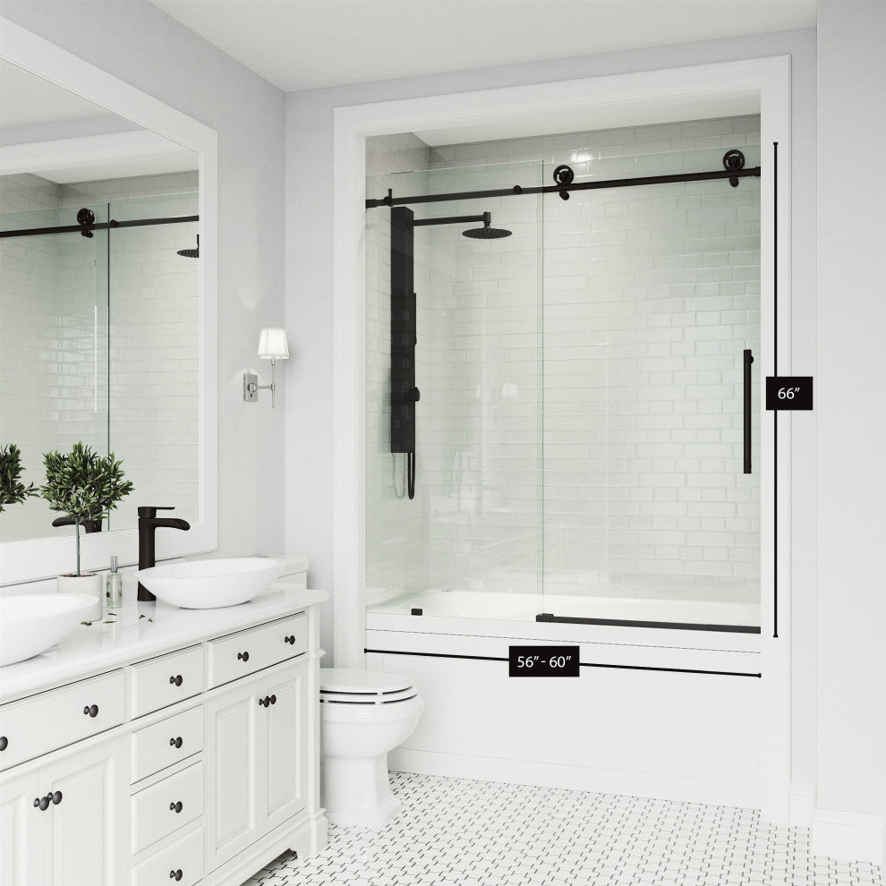 VIGO Elan Cass Aerodynamic 56" to 60" W x 66" H Frameless Sliding Tub Door, Matte Black, Clear Glass
