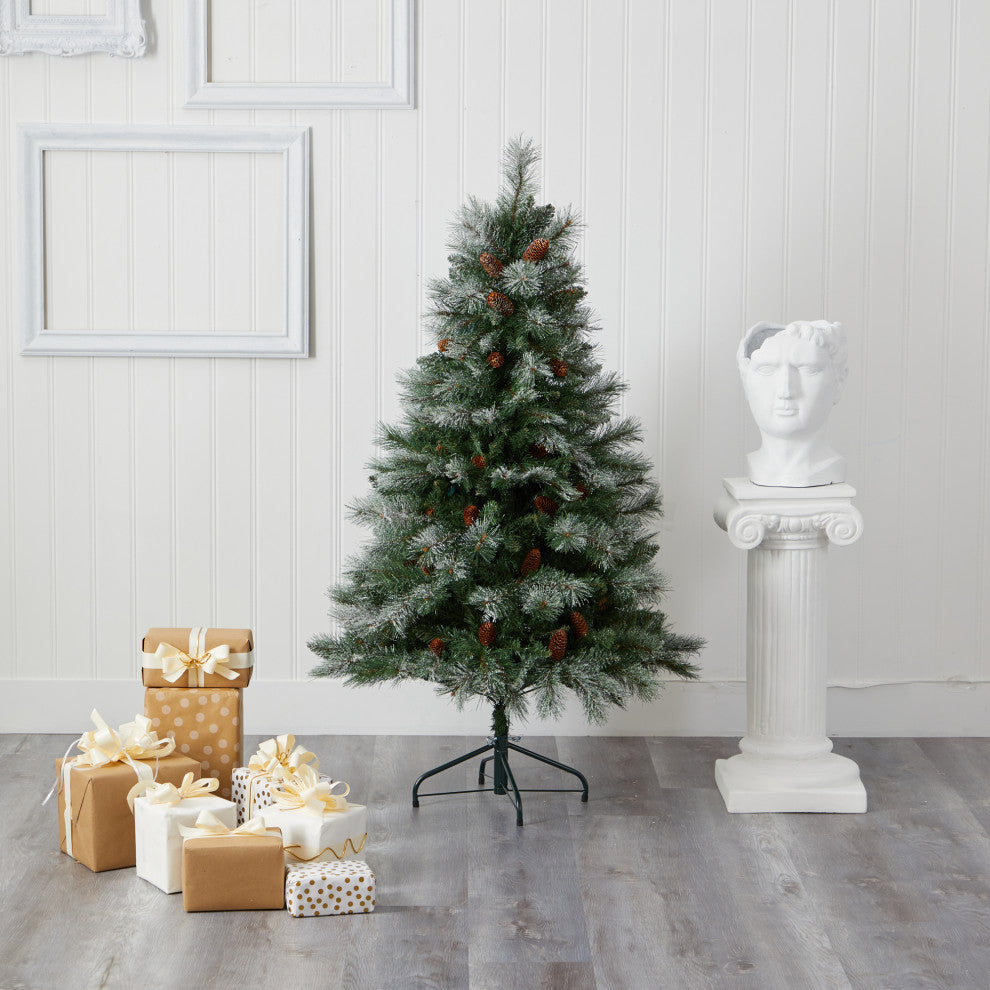 5' Snowed French Mountain Pine Faux Xmas Tree W/Bendable Branches & Pinecones