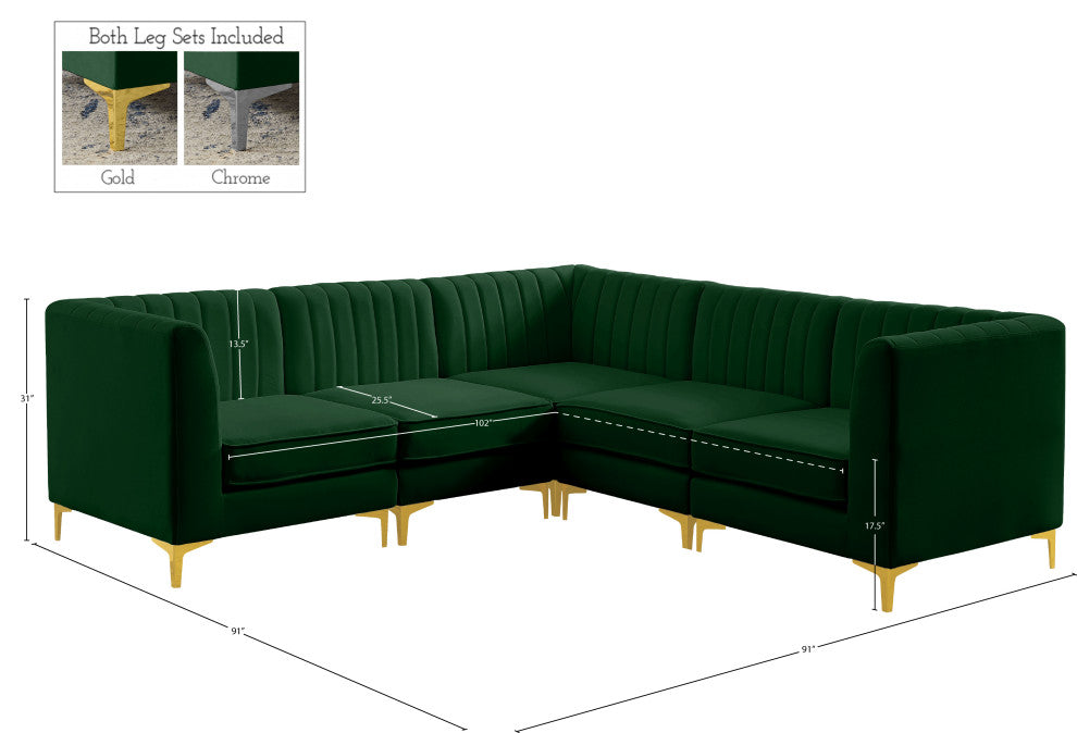 Alina Velvet Modular L-Shaped Modular Sectional, Green, 5-Piece: 2 Armless Chair, 3 Corner Chair