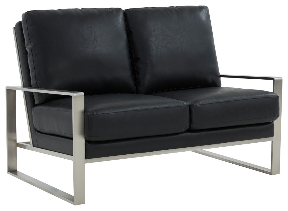 LeisureMod Jefferson Modern Faux Leather Loveseat With Silver Frame, Black