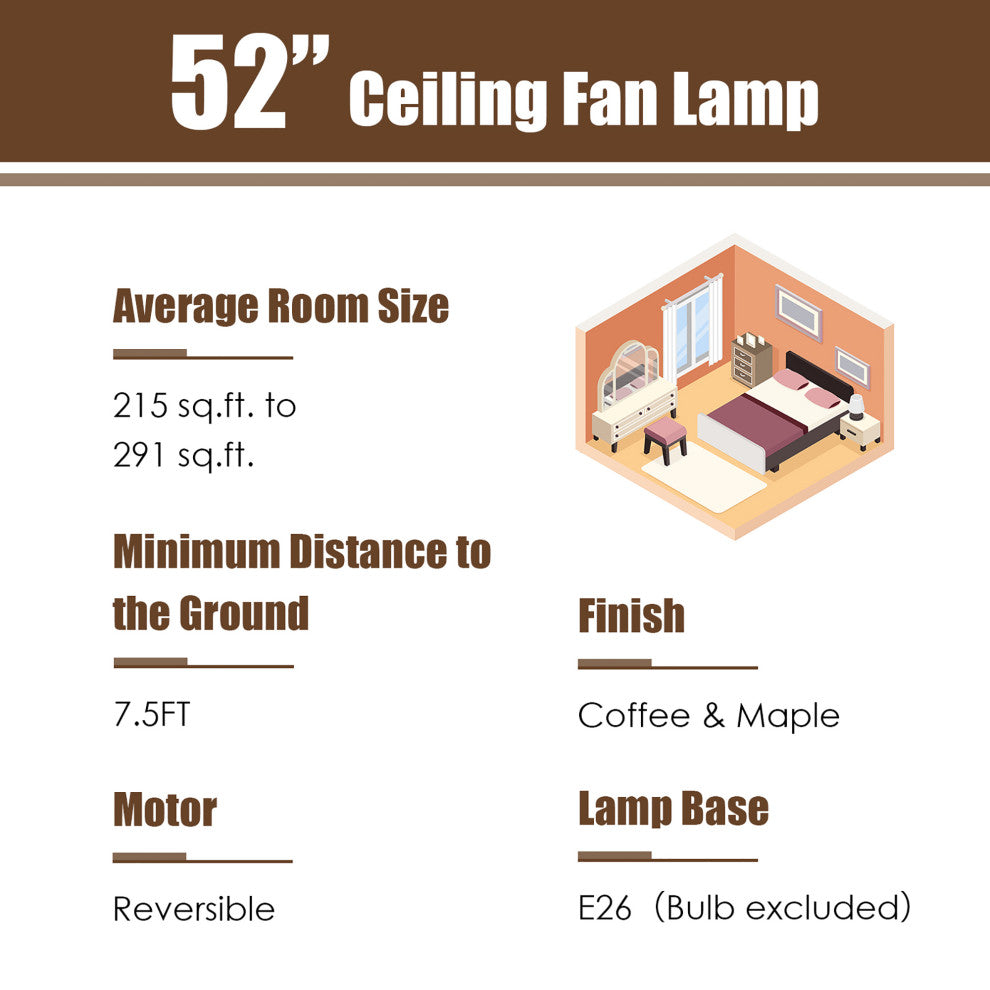 Costway 52'' Ceiling Fan with Light Reversible Crystal Lamp W/Remote Control