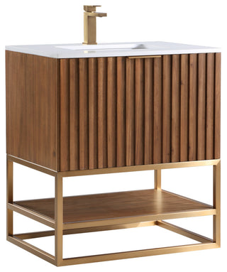 Terra Bathroom Vanity, Walnut/Satin Brass With White Quartz, 30", White Quartz Top