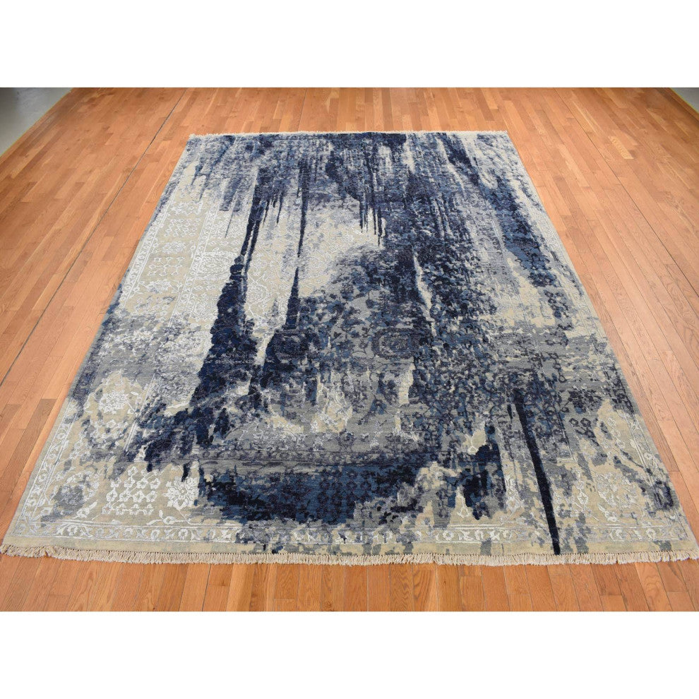 Blue Wool and Silk Japanese Shibori Design Hand Knotted Rug 6' x 8'10"