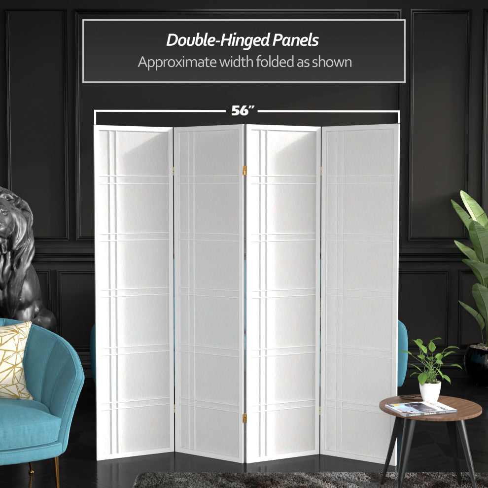6' Tall Double Cross Shoji Screen, White, 4 Panels