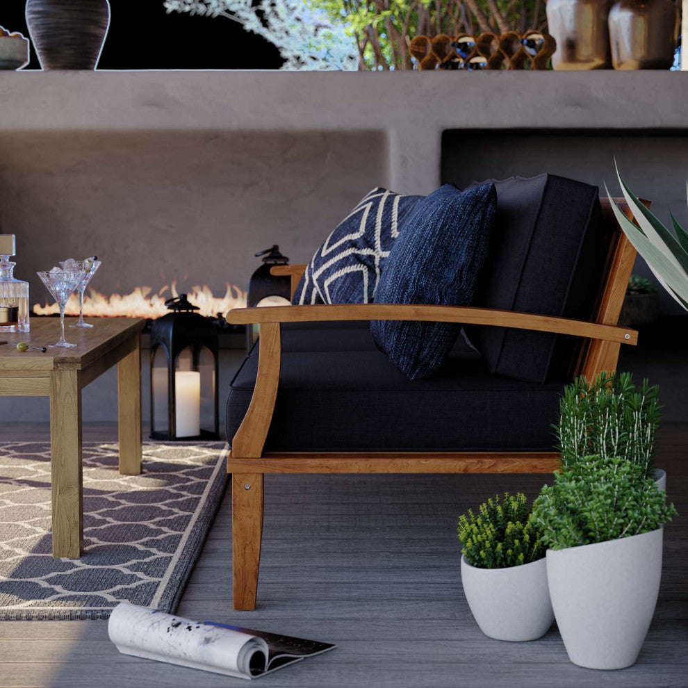 Lounge Sofa, Wood, Brown Natural Blue Navy, Modern, Outdoor Patio Balcony Garden