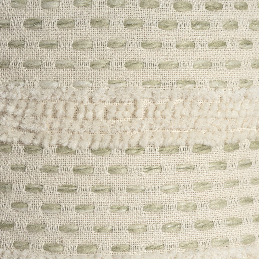 Quirk Rustic Striped Flatweave Cotton Blend  Pouf, White/ Sage