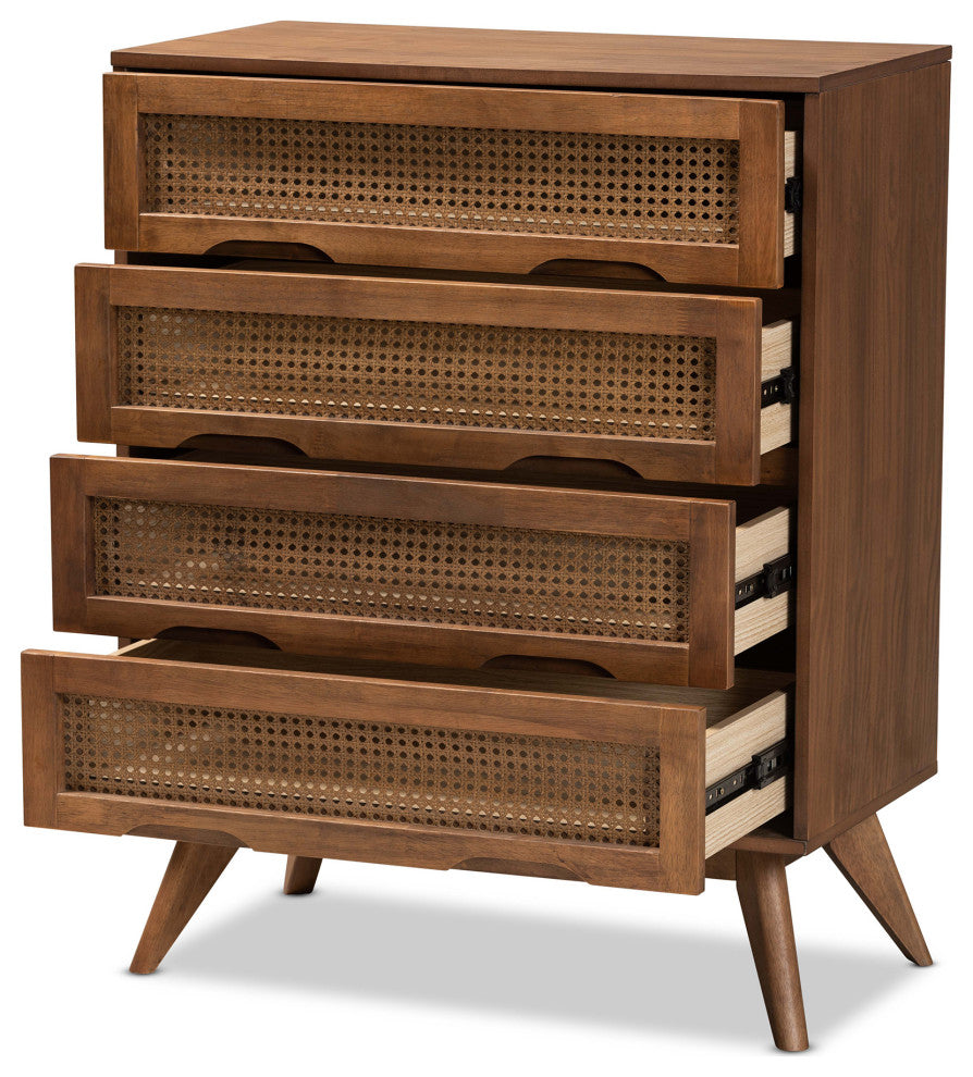 Barrett Mid-Century Brown Finished Wood and Synthetic Rattan 4-Drawer Chest