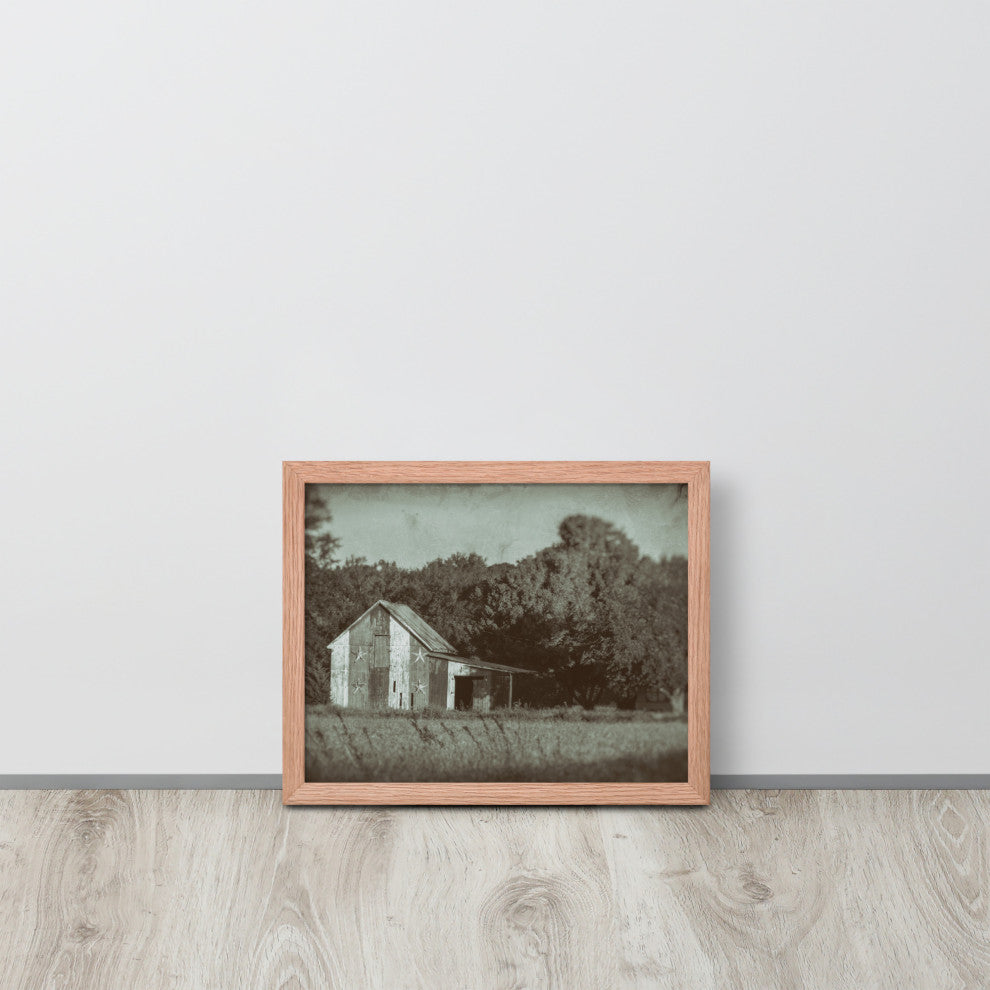 Patriotic Barn in Field Vintage Black and White Framed Photo Wall Art Print, Red Oak, 11" X 14"