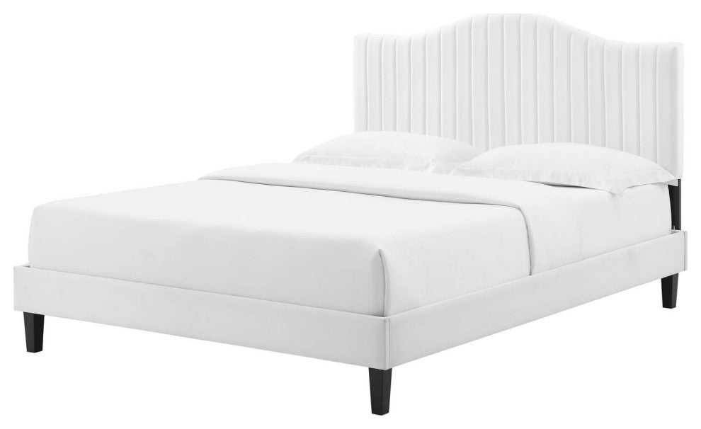 Tufted Platform Bed Frame, Queen Size, Velvet, White, Modern Contemporary