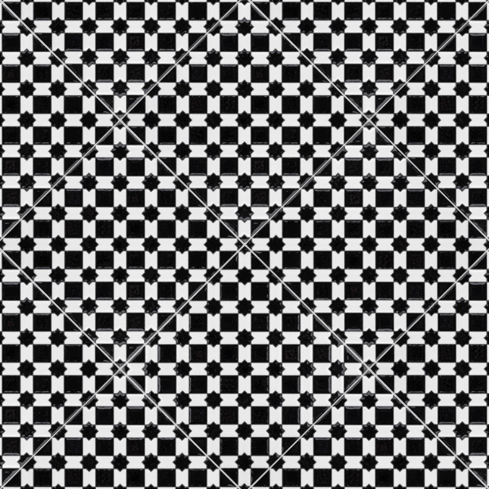 Sevillano Giralda Checkerboard Glossy Black and White Ceramic Wall Tile