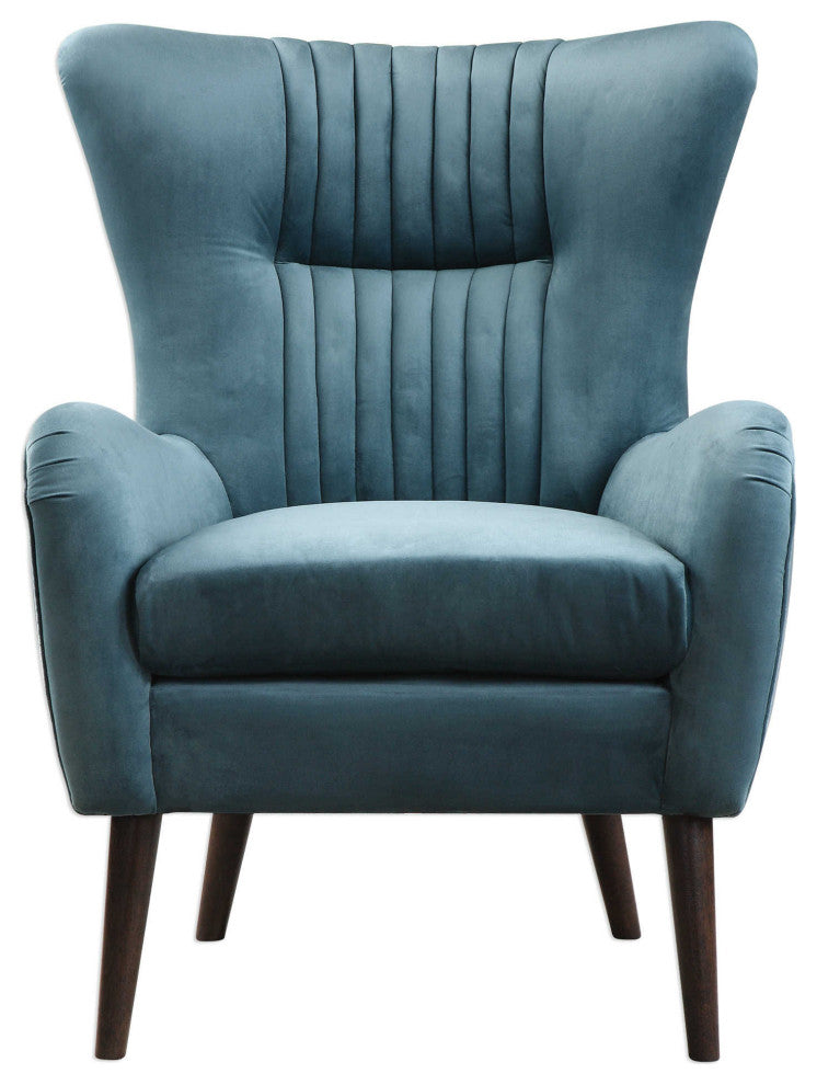 Midcentury Modern Teal Blue Arm Wing Chair, Sculpted Back Tapered Leg
