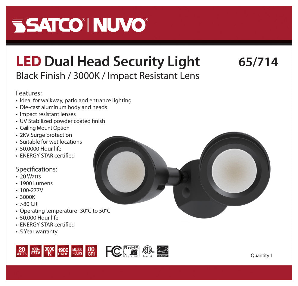 LED Security Light - Dual Head - Black Finish - 3000K