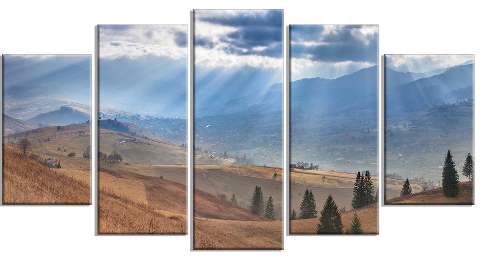 Beautiful Mountain Village View, Large Landscape Canvas Art, 60"x32", 5 Panels
