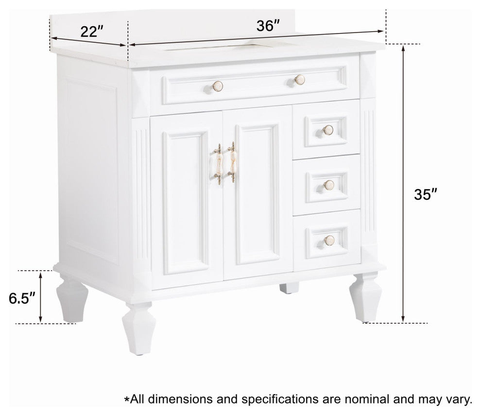 Solid Wood Bathroom Vanity with Quartz Top and cUPC Certified Sink, White, 36 Inch