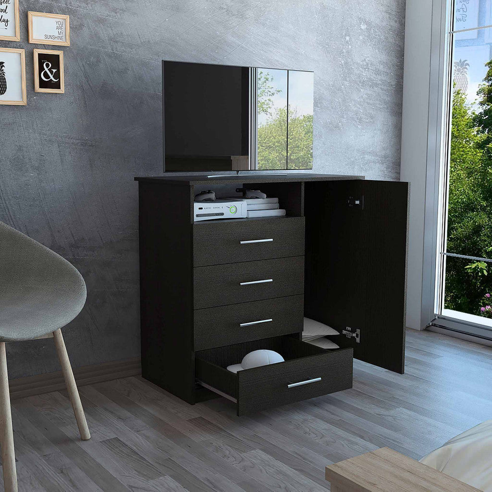 Carolina 4-Drawer Dresser with Single Door Cabinet and Open Shelf, Black