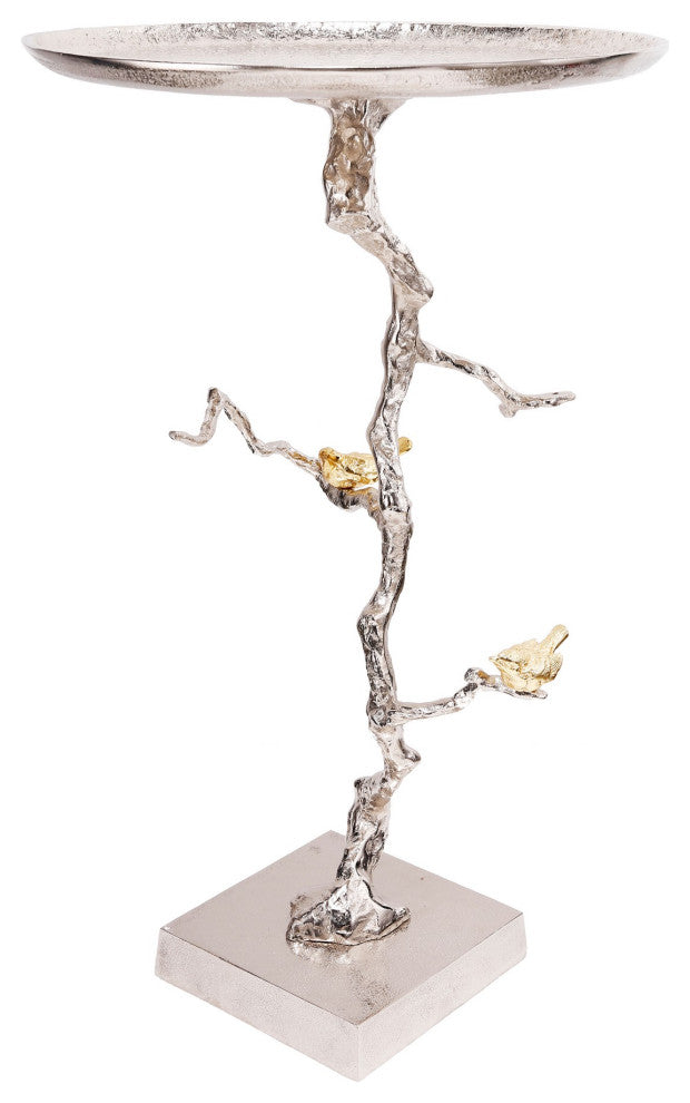 Benzara BM285256 28" Accent Table, Artful Branch, Gold Bird Accents, Silver