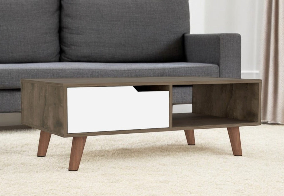 40" Brown and Brown and White Wood Coffee Table With Drawer and Shelf