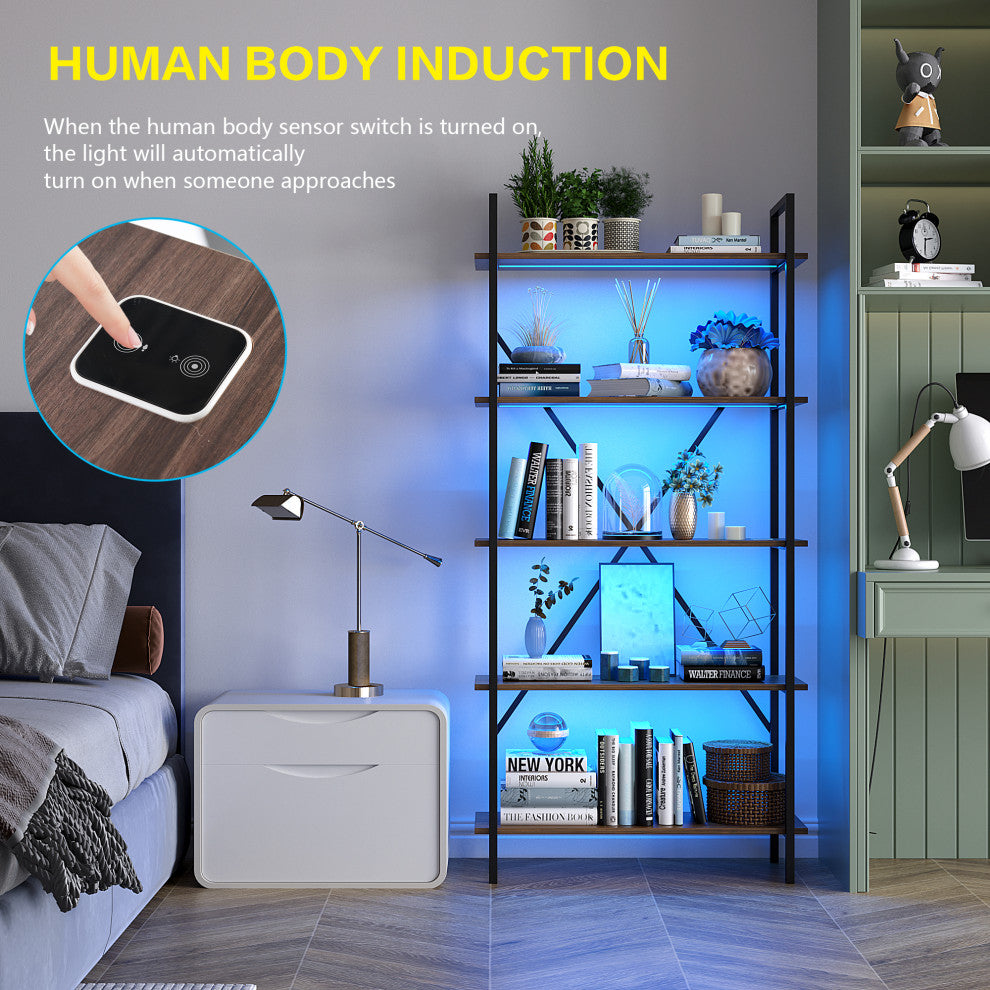 Multifunctional Smart Industrial 5-Shelf Bookcase W/ Tricolor Dimming LED Light,