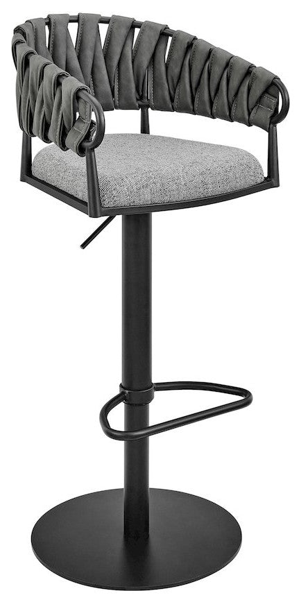 Adjustable Counter or Bar Stool in Black Metal with Gray Fabric and Faux Leather