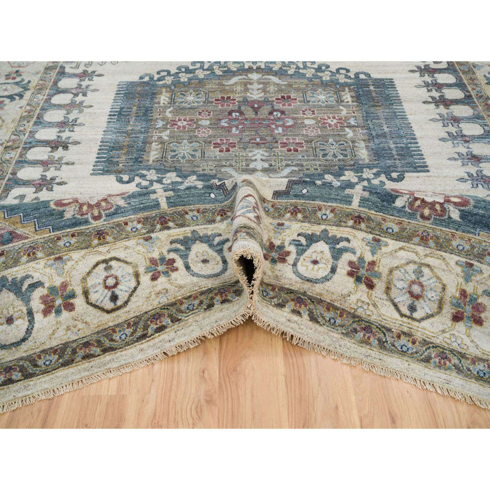 Ivory Hand Knotted Reimagined Viss Design 100% Wool Oriental Rug, 10'x14'