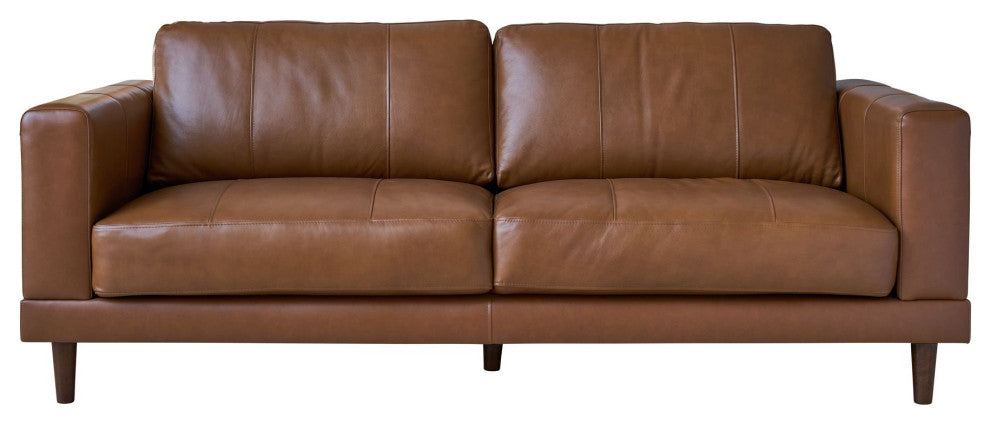 Modern Sofa, Tapered Legs & Cushioned Genuine Leather Seat With Track Arms, Tan