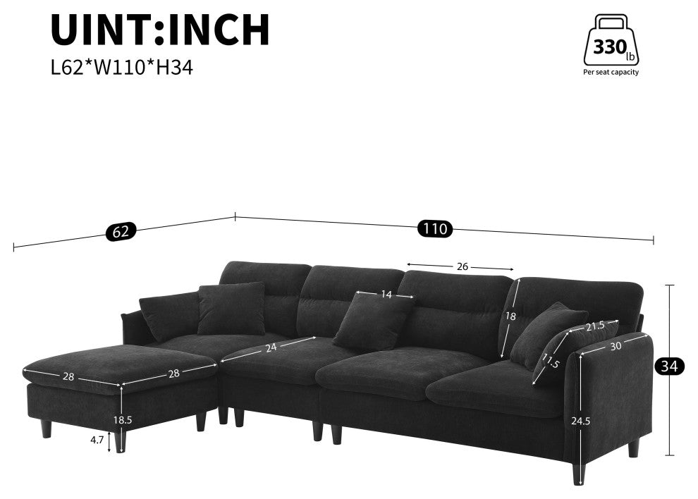 GDF Studio Modern Convertible L-Shaped Sectional Sofa With Ottoman, Black