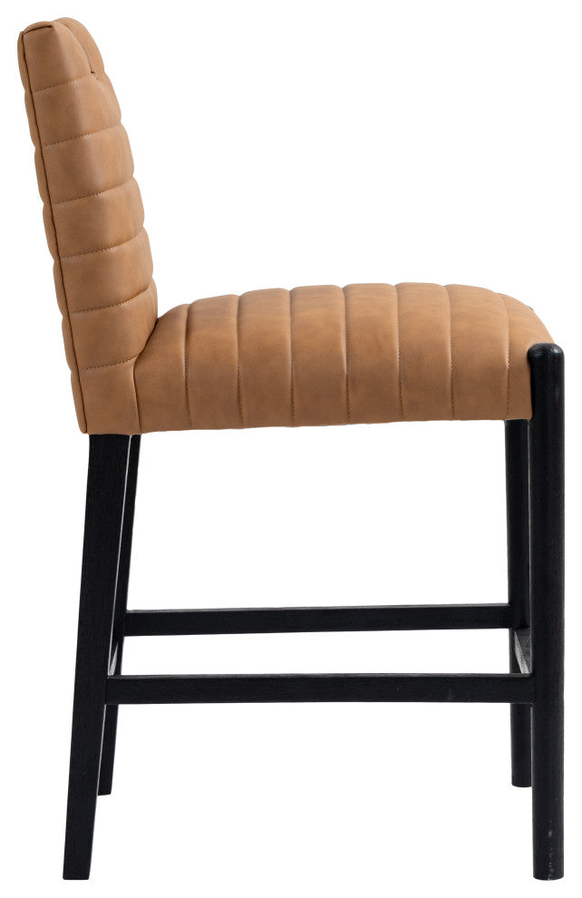 Aimee Upholstered Counter Stool, Cognac, Vegan Leather, Black Finish
